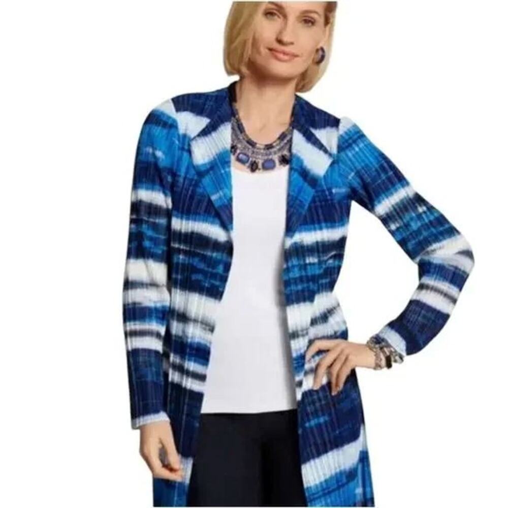 Chico’s Collection Women's Blue Ocean Stripe Crinkle Open Jacket Size 2/ Large